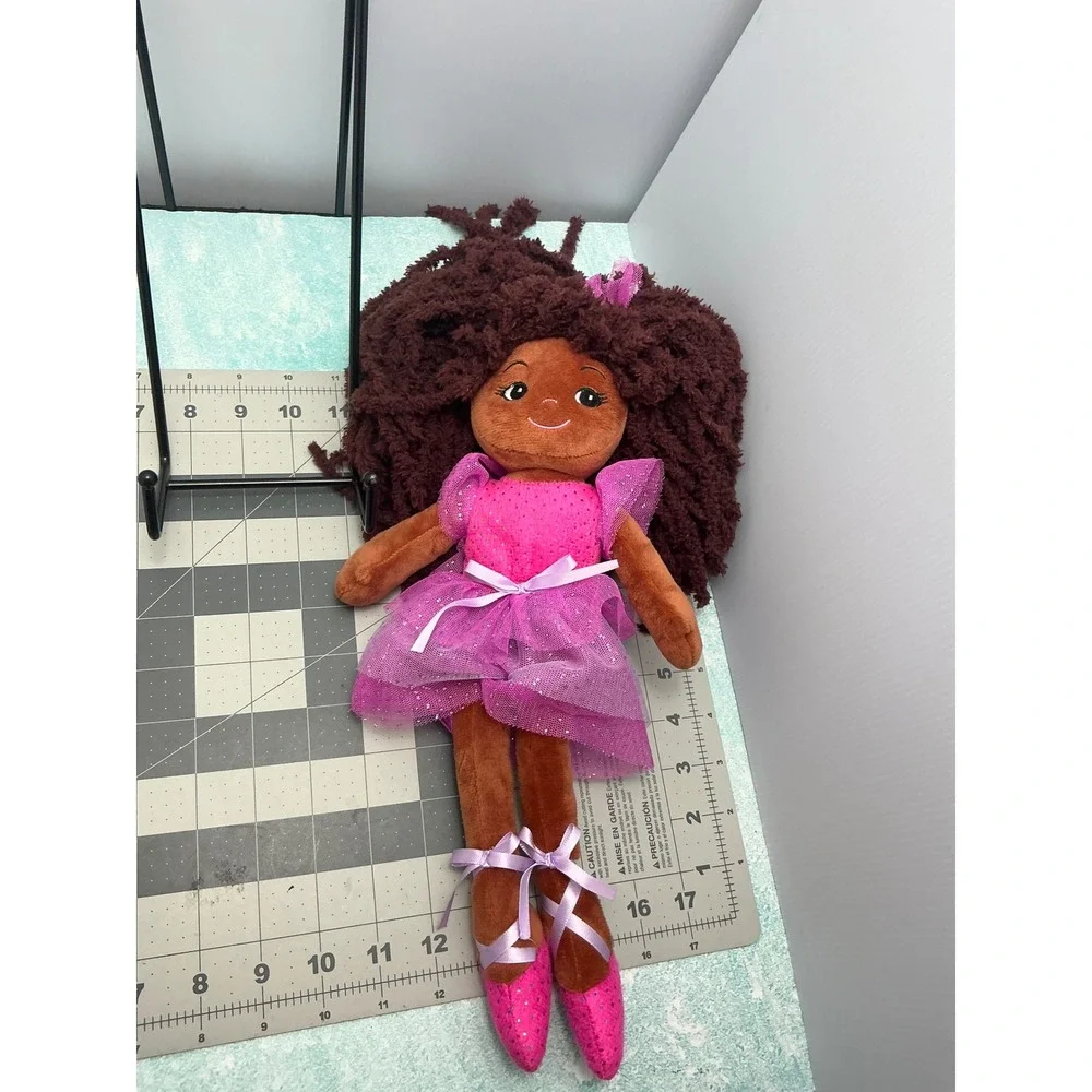 Plush Ballerina Doll Pink Purple Tutu Brown Yarn Hair Sequin Sparkle 17 Inch